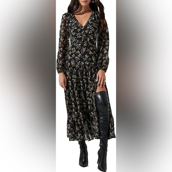 ASTR the label Floral Black Midi dress with slit and balloon sleeves - Picture 1 of 6